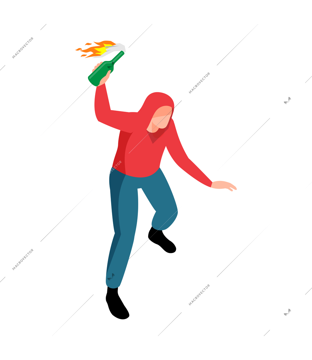 Rioter throwing molotov cocktail 3d isometric vector illustration