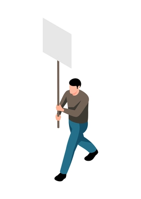 Isometric male activist holding poster on white background 3d vector illustration