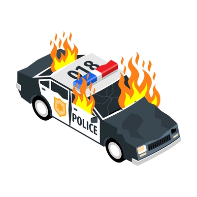 Isometric icon of burning police car 3d vector illustration