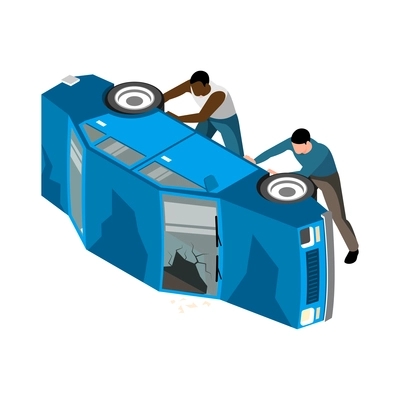 Two rioters damaging car with broken windows 3d isometric icon vector illustration