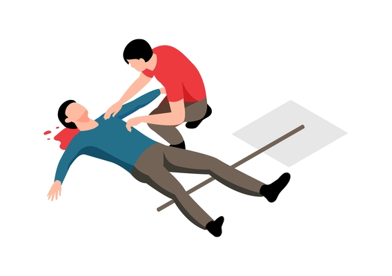 Man helping injured person during mass protest 3d isometric vector illustration