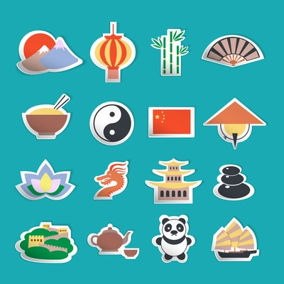 China travel traditional culture symbols stickers set isolated vector illustration