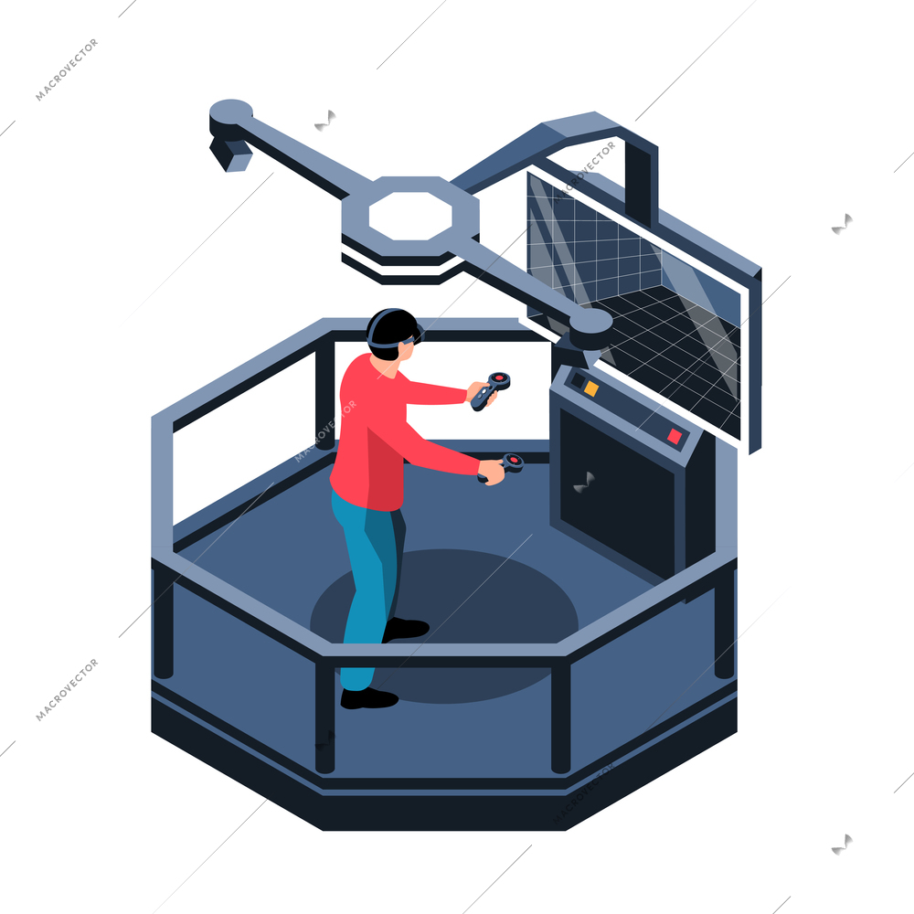 Isometric concept with man wearing augmented reality headset 3d vector illustration