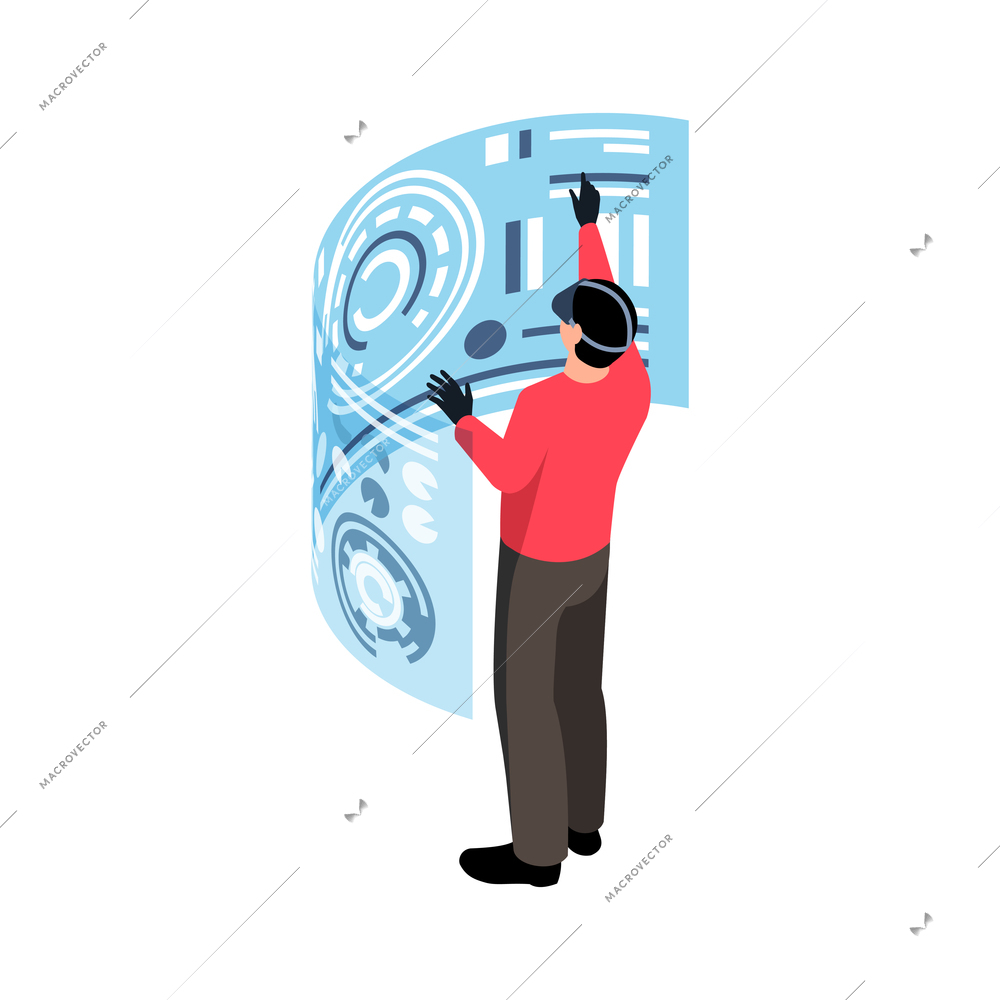 Isometric concept with man wearing virtual reality glasses 3d vector illustration