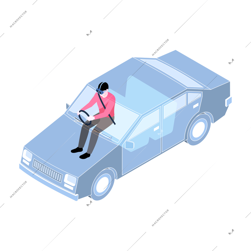 Man in virtual reality glasses driving car simulator 3d isometric vector illustration