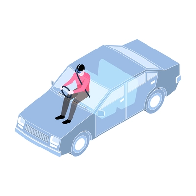 Man in virtual reality glasses driving car simulator 3d isometric vector illustration