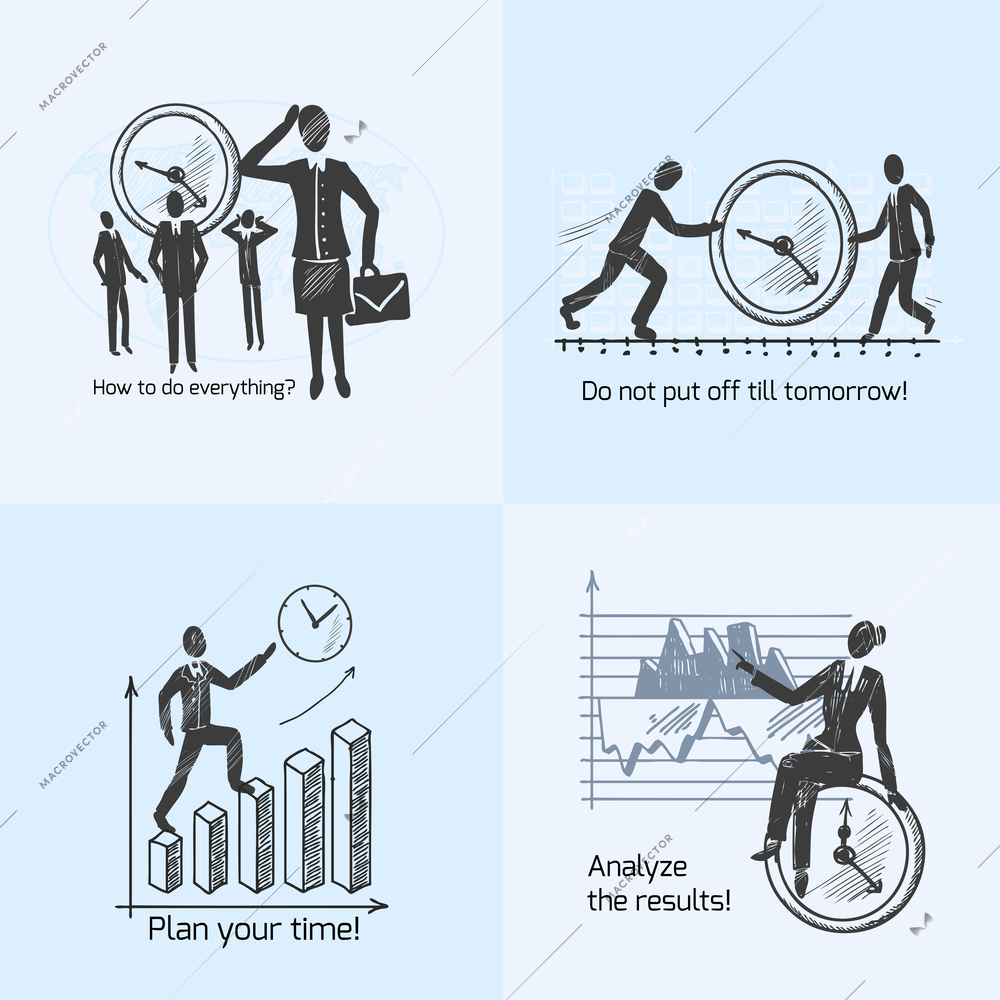 Time management composition sketch icons set with working people isolated vector illustration