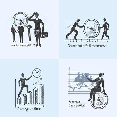 Time management composition sketch icons set with working people isolated vector illustration