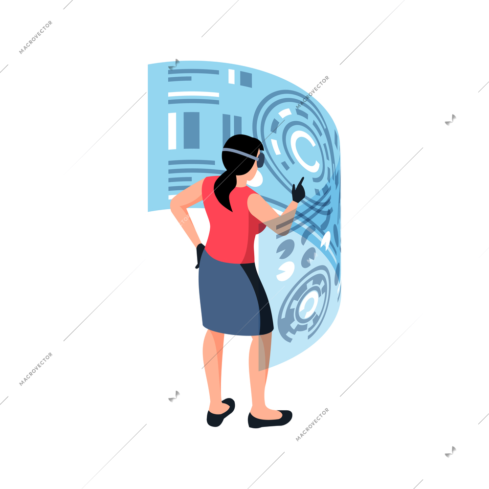 Woman in virtual reality glasses in front of futuristic monitor 3d isometric vector illustration