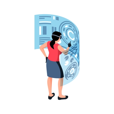 Woman in virtual reality glasses in front of futuristic monitor 3d isometric vector illustration