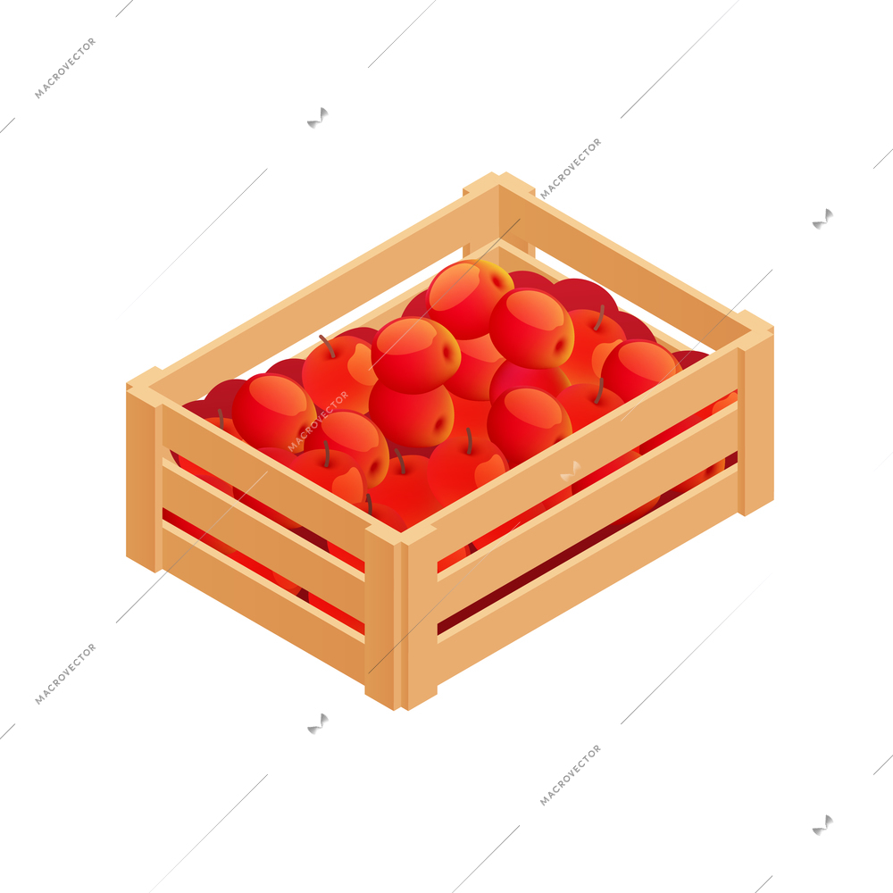 Red apples harvest in wooden box 3d isometric vector illustration