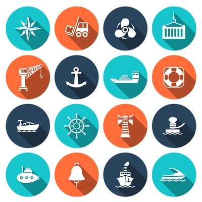 Sea port nautical journey transportation icons set isolated vector illustration