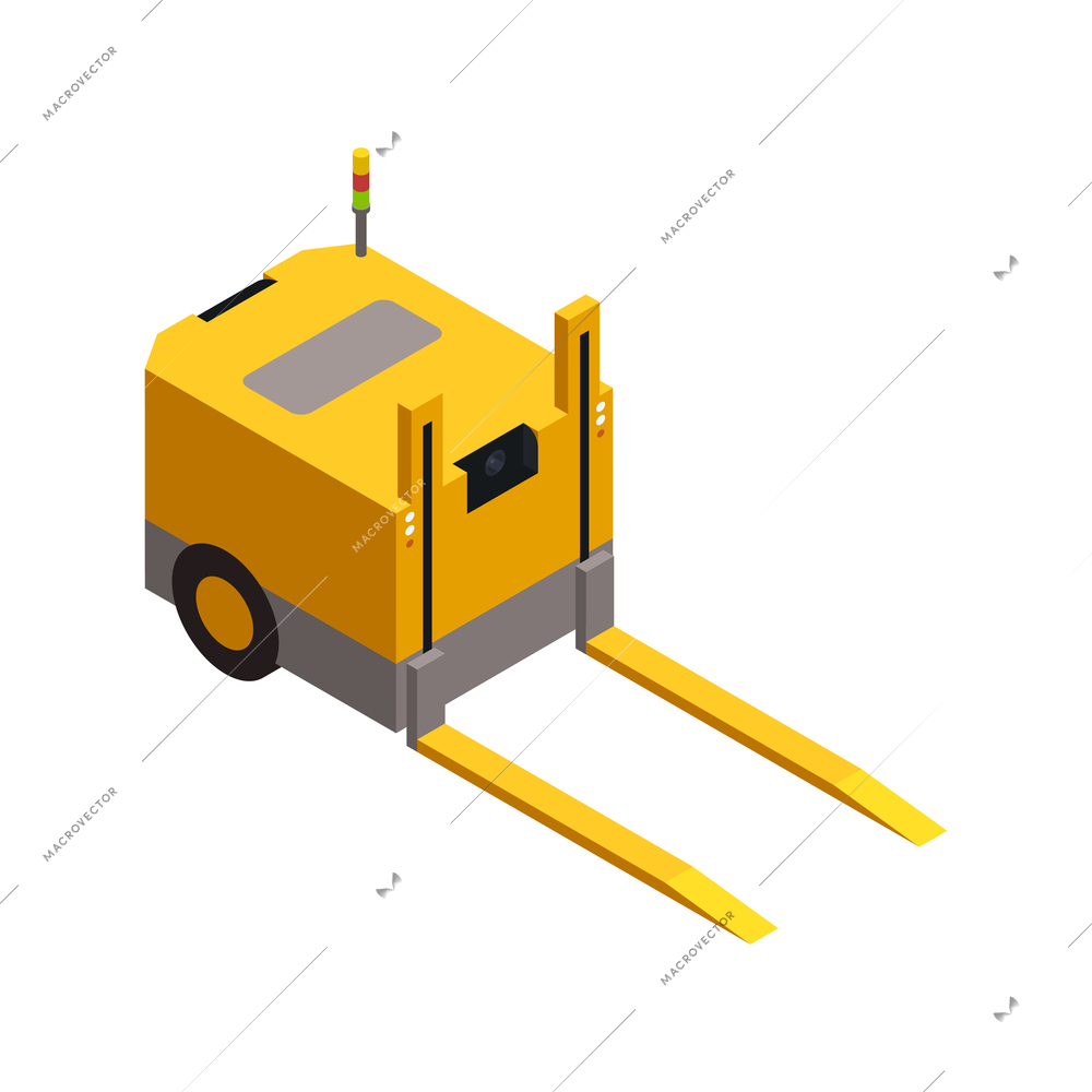 Isometric yellow warehouse forklift on white background 3d vector illustration