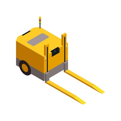 Isometric yellow warehouse forklift on white background 3d vector illustration