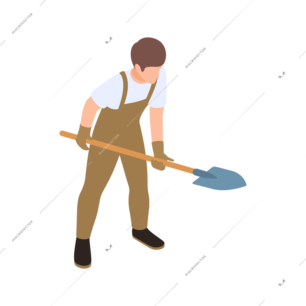 Isometric icon with farmer in uniform holding spade 3d vector illustration