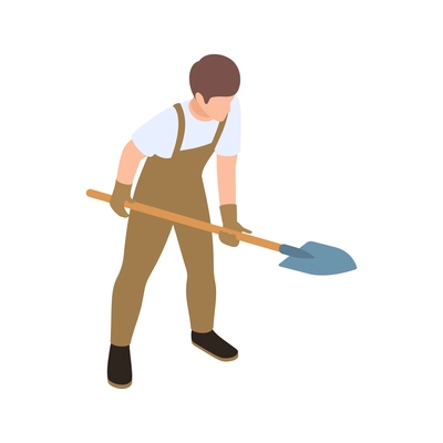 Isometric icon with farmer in uniform holding spade 3d vector illustration