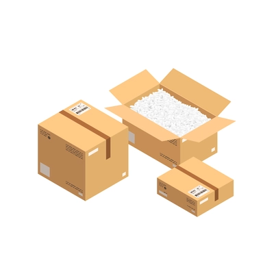 Closed and opened cardboard boxes in warehouse 3d isometric vector illustration