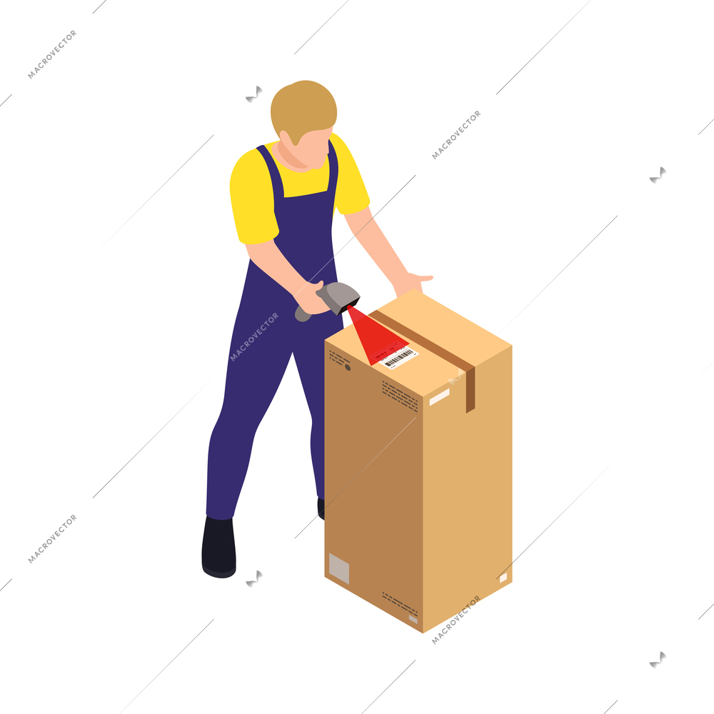 Warehouse worker scanning barcode on cardboard box 3d isometric vector illustration