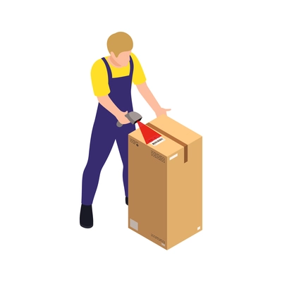 Warehouse worker scanning barcode on cardboard box 3d isometric vector illustration