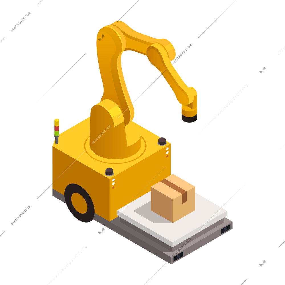 Warehouse equipment with robotic arm 3d isometric vector illustration