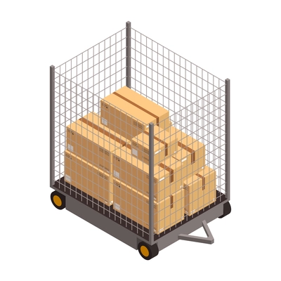 Cardboard boxes in cart in warehouse 3d isometric vector illustration