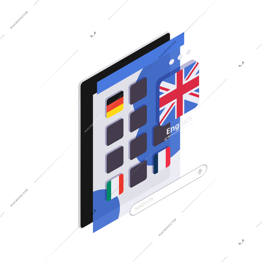 Online learning app with choice of foreign languages isometric concept 3d vector illustration