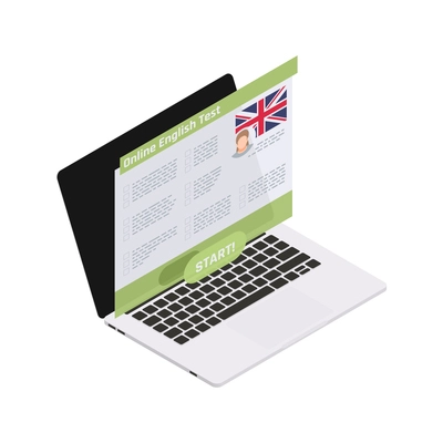 Language learning isometric concept with english test page on laptop 3d vector illustration
