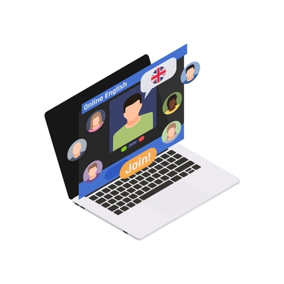 Language learning concept with laptop and application interface 3d isometric vector illustration