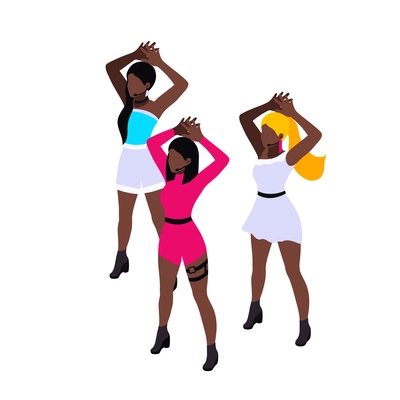 Three female pop music band participants dancing 3d isometric vector illustration