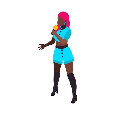 Isometric female pop music singer and dancer with microphone 3d vector illustration