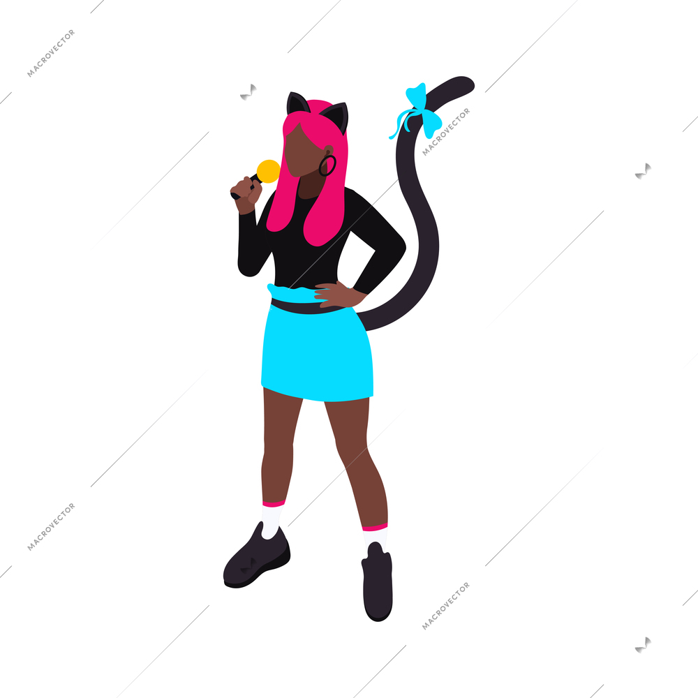 Korean pop girl singer with cat tail on white background 3d isometric vector illustration