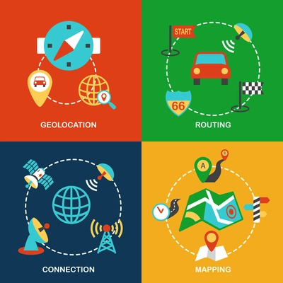 Mobile navigation geolocation routing mapping and connection flat icons set isolated vector illustration