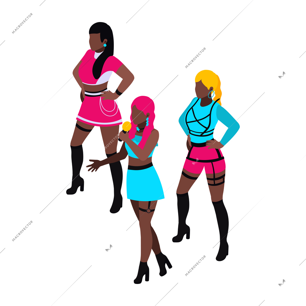 Korean music pop band with three girls 3d isometric vector illustration
