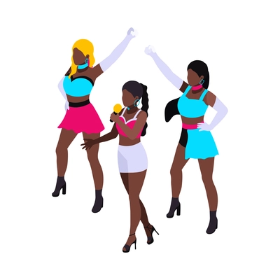 Girl pop band dancing isometric 3d clipcart on white background vector illustration