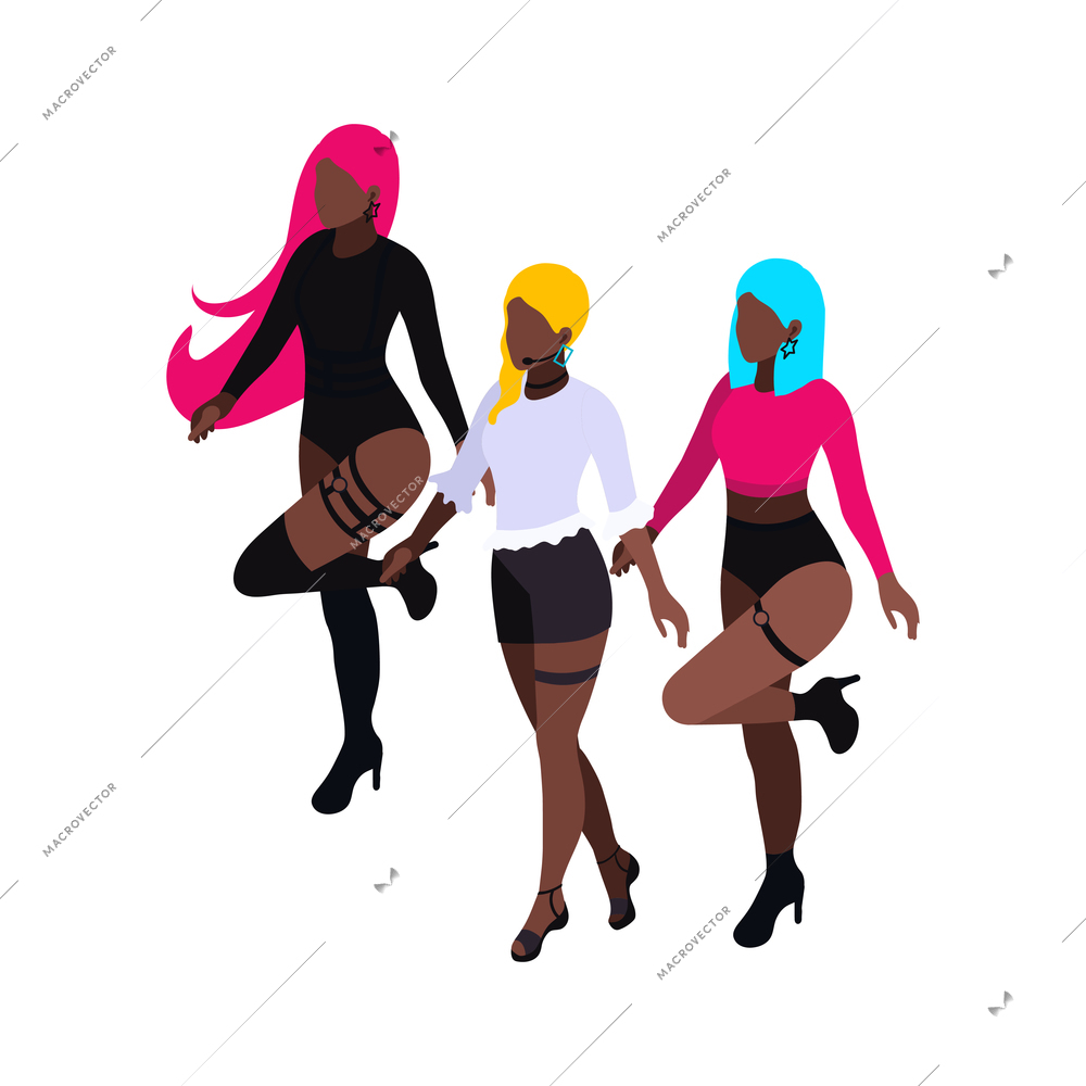 Isometric pop band dancing on stage 3d vector illustration