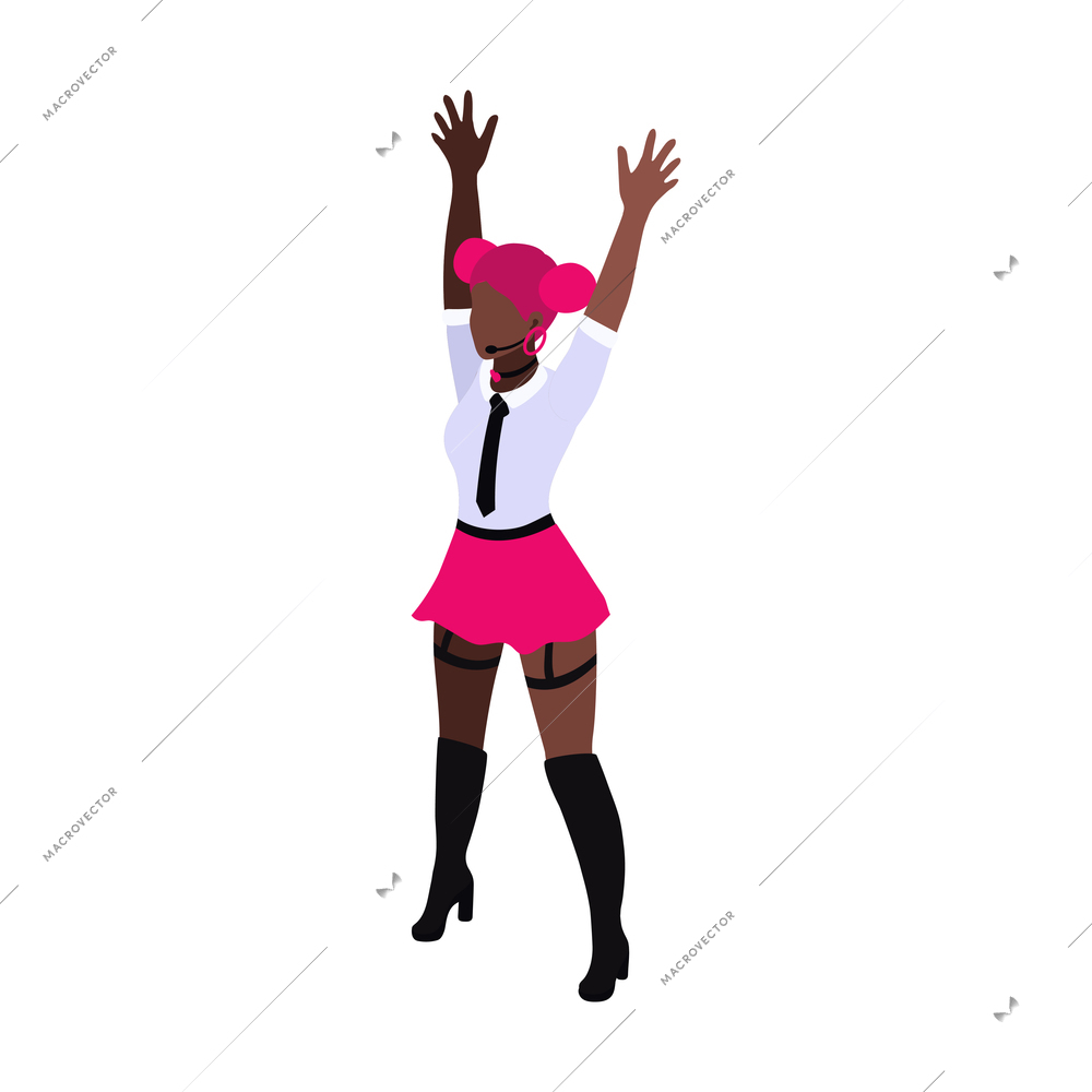 Isometric character girl pop singer dancing 3d vector illustration