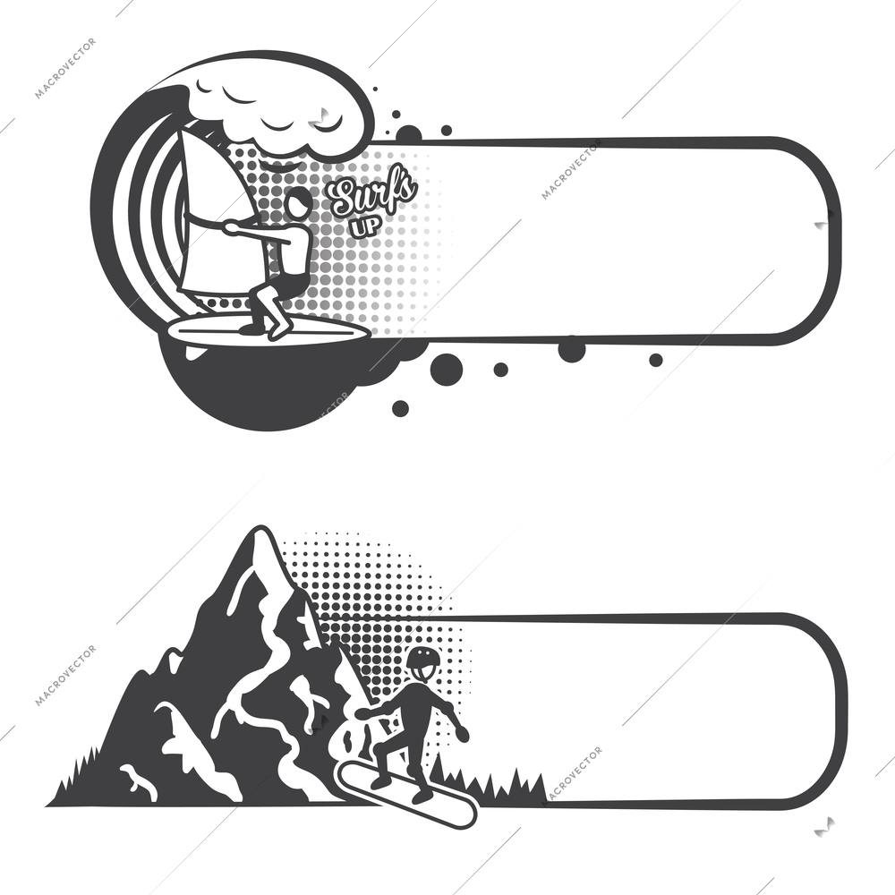 Extreme sports bookmarks with surfing and boarding people vector illustration