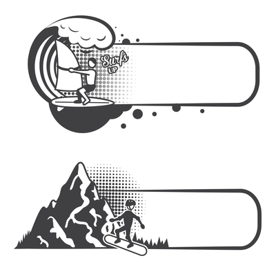 Extreme sports bookmarks with surfing and boarding people vector illustration