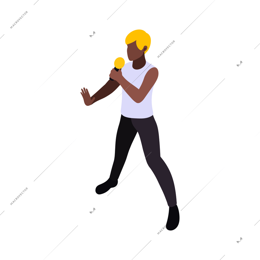 Isometric clipart with pop music singer with yellow hair and microphone 3d vector illustration