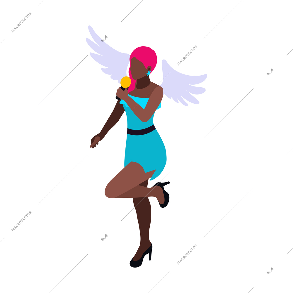 Female korean pop singer with angel wings and microphone 3d isometric vector illustration