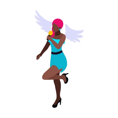 Female korean pop singer with angel wings and microphone 3d isometric vector illustration