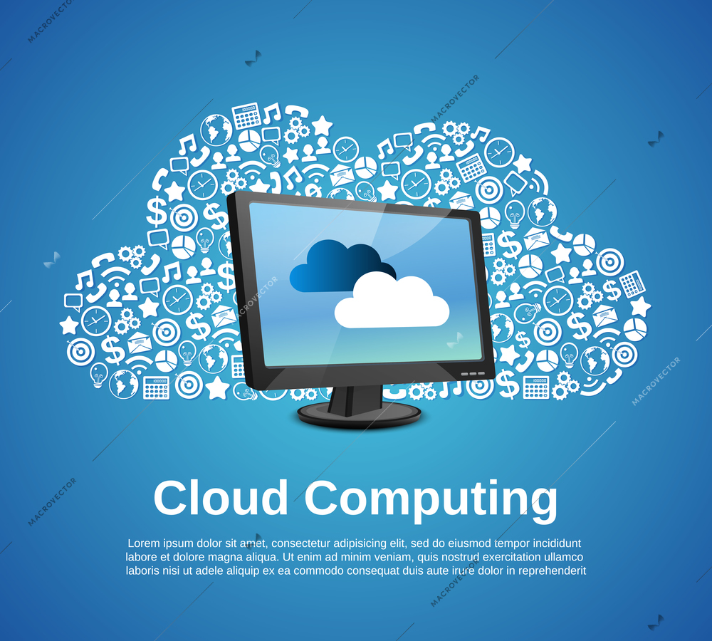 Cloud computing concept with monitor and business icons set vector illustration