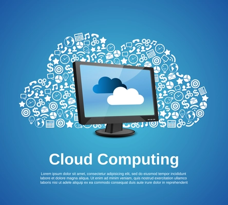 Cloud computing concept with monitor and business icons set vector illustration