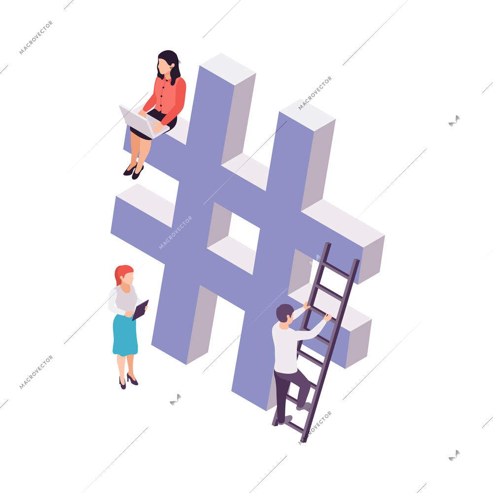 Blogging concept with hashtag sign and people 3d isometric vector illustration