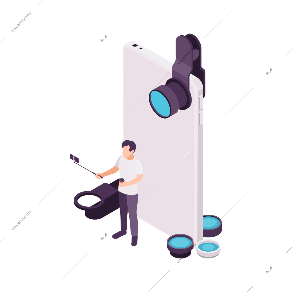 Man with smartphone making video vlogging isometric concept 3d vector illustration