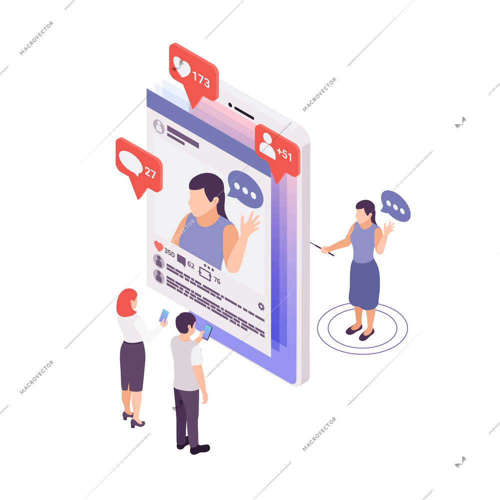 Vlogging concept with woman streaming video to followers 3d isometric vector illustration