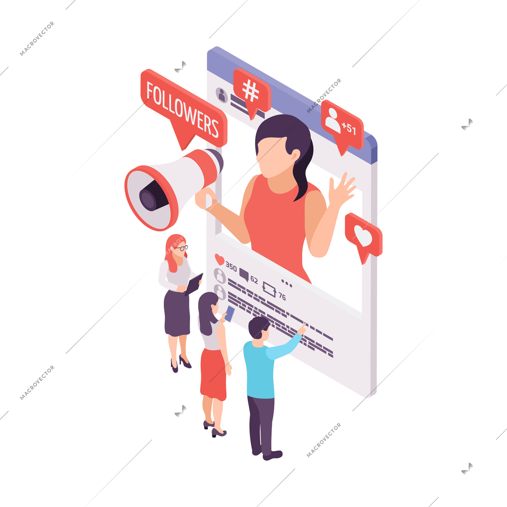 Blogging isometric concept with blogger greeting followers 3d vector illustration
