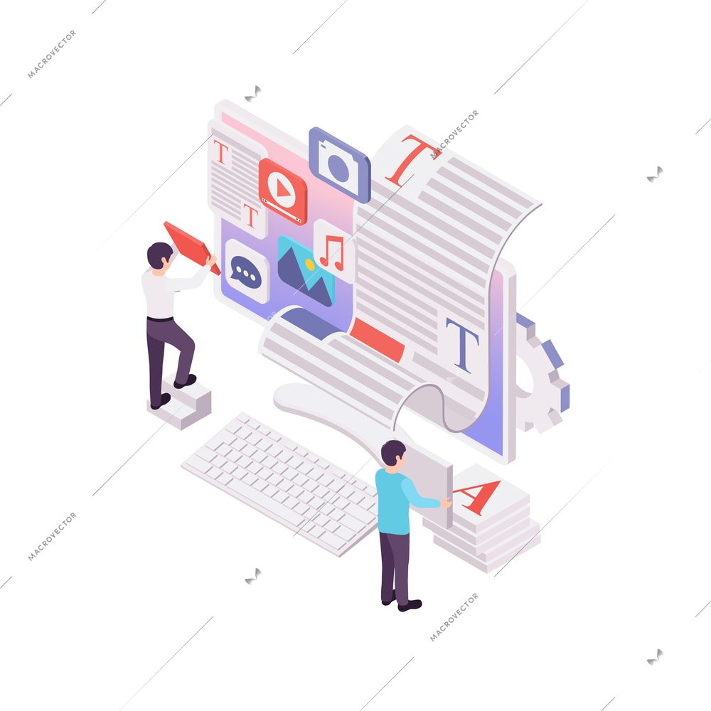 Blogging and vlogging isometric concept with human characters and computer 3d vector illustration