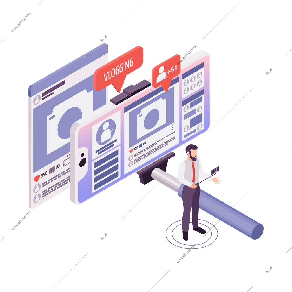 Vlogging isometric concept with man making video 3d vector illustration