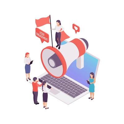 Blogging user engagement isometric concept with megaphone and people 3d vector illustration